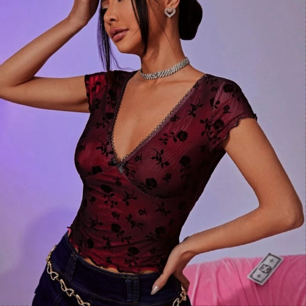 NWT Shein Mesh Burnout Flocked Top SM